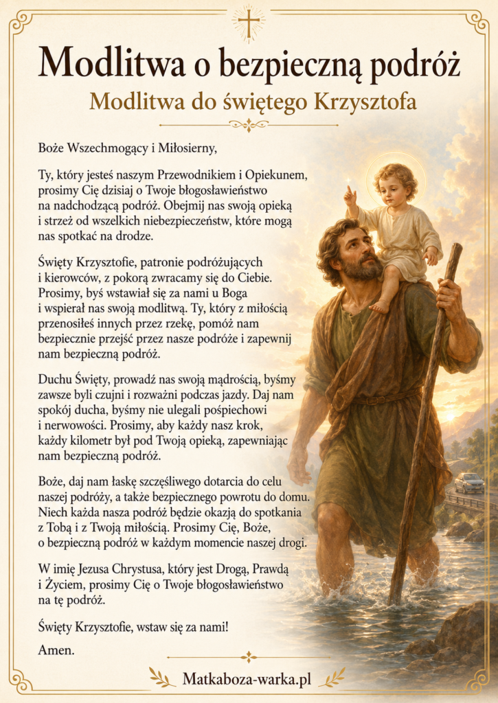 Modlitwa o bezpieczną podróż / Modlitwa do świętego Krzysztofa
Boże Wszechmogący i Miłosierny,
Ty, który jesteś naszym Przewodnikiem i Opiekunem, prosimy Cię dzisiaj o Twoje błogosławieństwo na nadchodzącą podróż. Obejmij nas swoją opieką i strzeż od wszelkich niebezpieczeństw, które mogą nas spotkać na drodze.
Święty Krzysztofie, patronie podróżujących i kierowców, z pokorą zwracamy się do Ciebie. Prosimy, byś wstawiał się za nami u Boga i wspierał nas swoją modlitwą. Ty, który z miłością przenosiłeś innych przez rzekę, pomóż nam bezpiecznie przejść przez nasze podróże i zapewnij nam bezpieczną podróż.
Duchu Święty, prowadź nas swoją mądrością, byśmy zawsze byli czujni i rozważni podczas jazdy. Daj nam spokój ducha, byśmy nie ulegali pośpiechowi i nerwowości. Prosimy, aby każdy nasz krok, każdy kilometr był pod Twoją opieką, zapewniając nam bezpieczną podróż.
Boże, daj nam łaskę szczęśliwego dotarcia do celu naszej podróży, a także bezpiecznego powrotu do domu. Niech każda nasza podróż będzie okazją do spotkania z Tobą i z Twoją miłością. Prosimy Cię, Boże, o bezpieczną podróż w każdym momencie naszej drogi.
W imię Jezusa Chrystusa, który jest Drogą, Prawdą i Życiem, prosimy Cię o Twoje błogosławieństwo na tę podróż. 
Święty Krzysztofie, wstaw się za nami!
Amen.