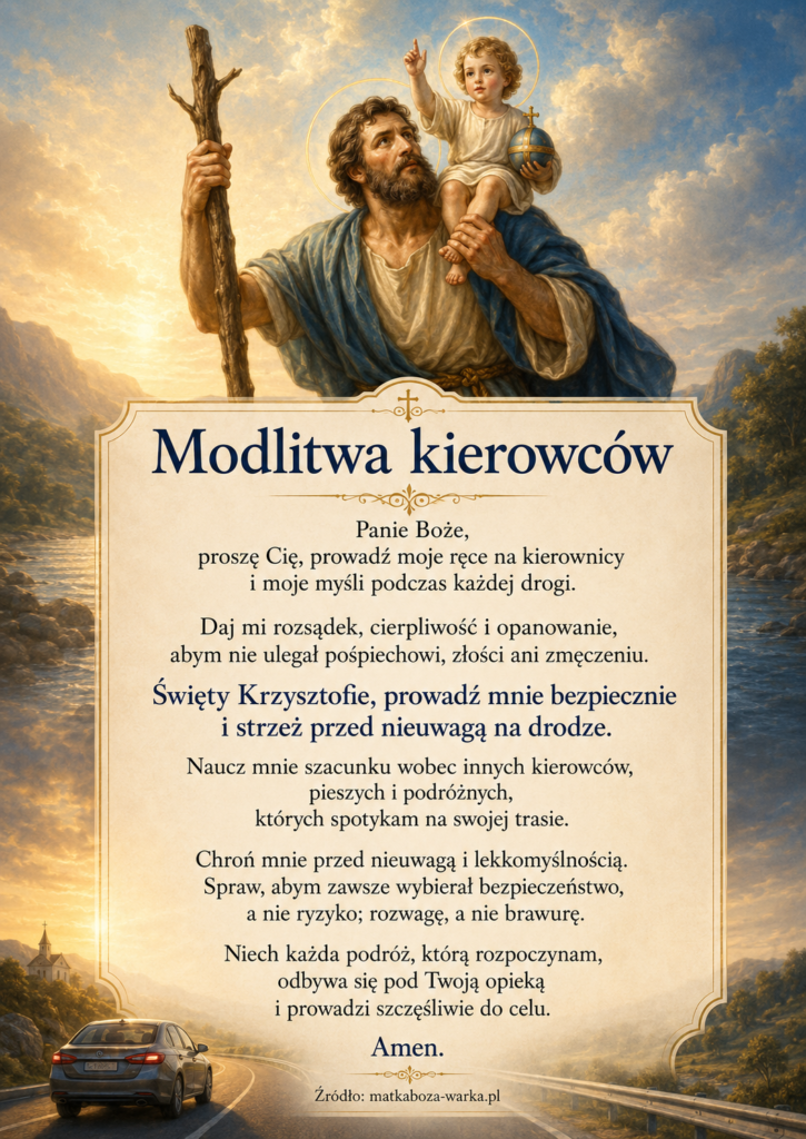Modlitwa kierowców
Panie Boże,
proszę Cię, prowadź moje ręce na kierownicy
i moje myśli podczas każdej drogi.
Daj mi rozsądek, cierpliwość i opanowanie,
abym nie ulegał pośpiechowi, złości ani zmęczeniu.
**Święty Krzysztofie, prowadź mnie bezpiecznie i strzeż przed nieuwagą na drodze.**
Naucz mnie szacunku wobec innych kierowców, pieszych i podróżnych,
których spotykam na swojej trasie.
Chroń mnie przed nieuwagą i lekkomyślnością.
Spraw, abym zawsze wybierał bezpieczeństwo,
a nie ryzyko; rozwagę, a nie brawurę.
Niech każda podróż, którą rozpoczynam,
odbywa się pod Twoją opieką
i prowadzi szczęśliwie do celu.
Amen.
Strona: matkaboza-warka.pl
Stwórz do tej modlitwy grafikę z tekstem. W tle ma być święty Krzysztof i samochód jakiś albo kierowca. Modlitwa ma być w pełnej wersji umieszczona na grafice, bez błędów w poprawnej polszczyźnie. Stylistyka pasująca do religii