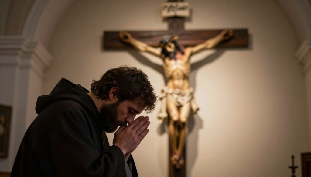 Kontemplacja nad męką Chrystusa - wierny w głębokiej modlitwie przed krzyżem