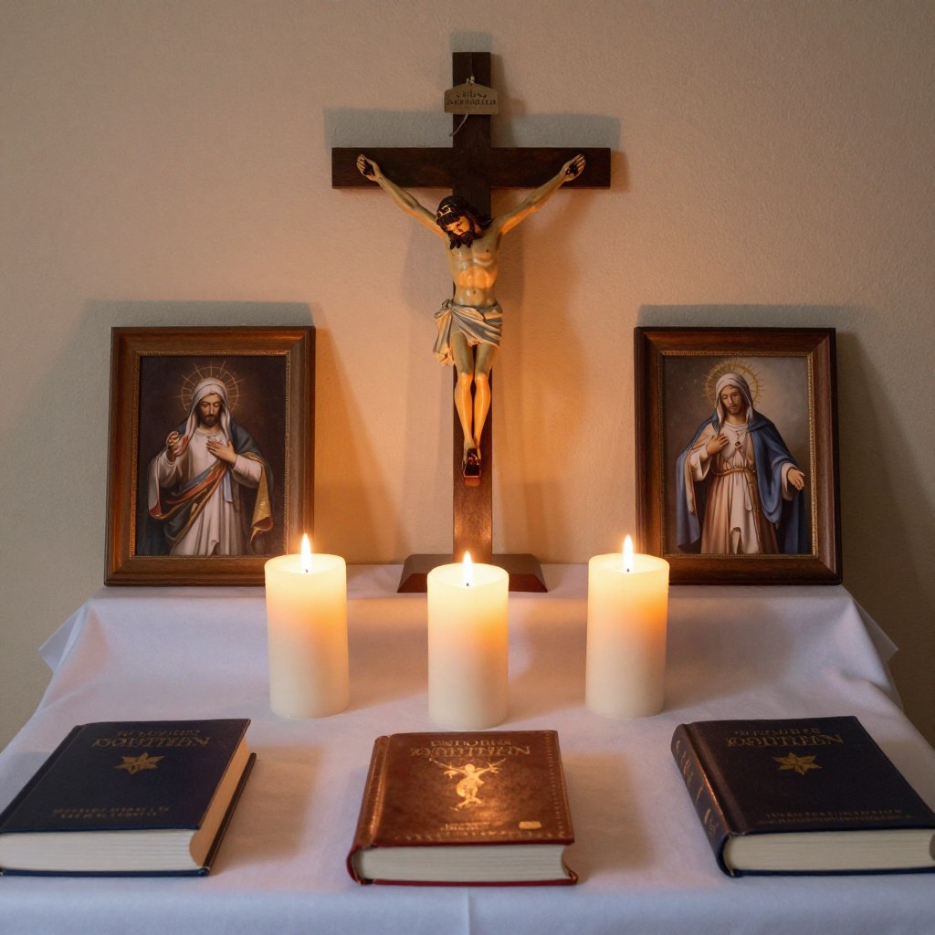 Krucyfiks i świece przygotowane do domowej drogi krzyżowej