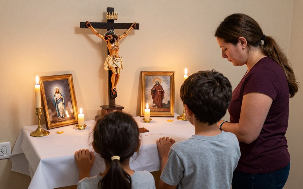 Matka z dziećmi modląca się drogą krzyżową przy małym ołtarzyku domowym