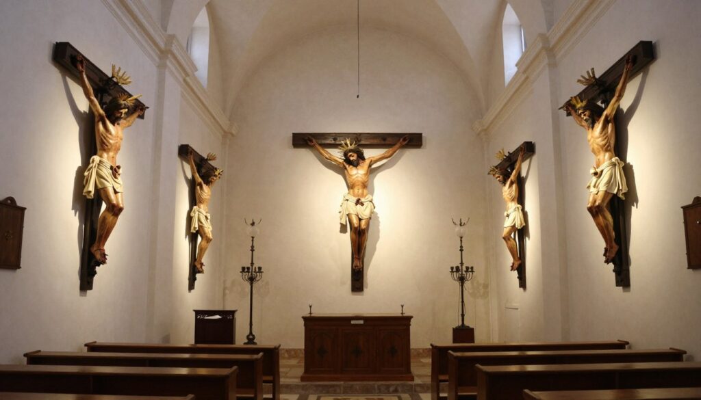 Panoramiczny widok kościoła ze stacjami drogi krzyżowej symbolizujący kompletność nabożeństwa