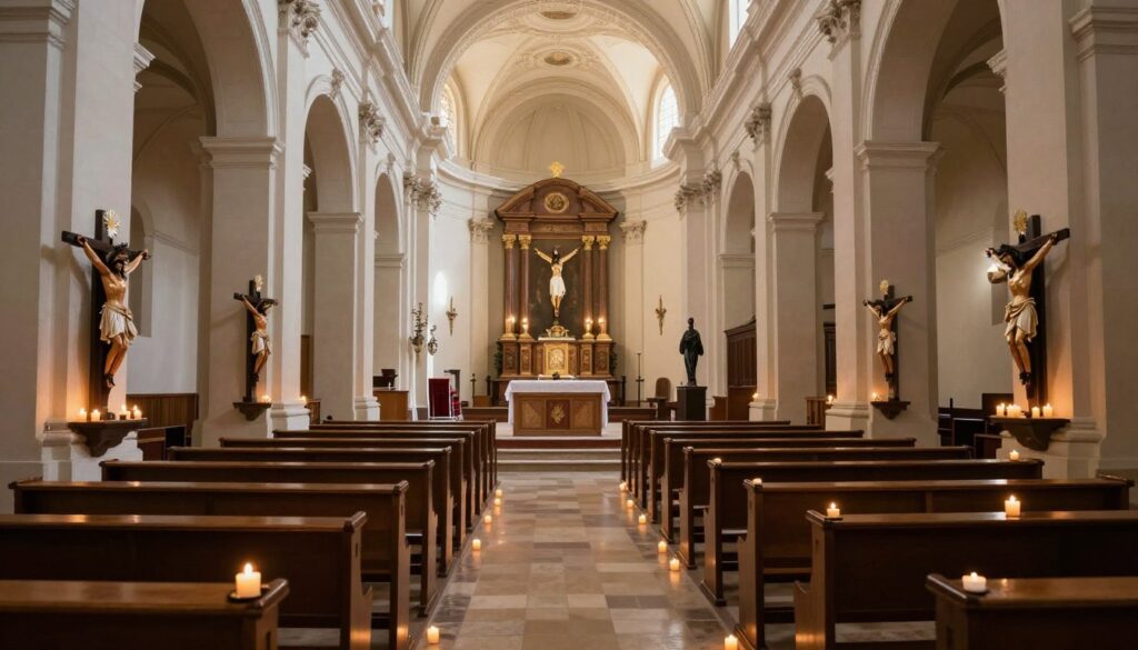 Pustka kościoła po nabożeństwie drogi krzyżowej z widocznymi stacjami wzdłuż ścian