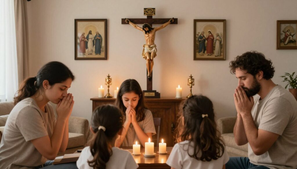 Rodzina modląca się drogą krzyżową w domowym otoczeniu z obrazkami stacji