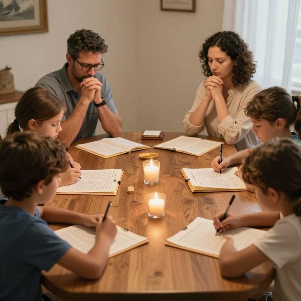 Rodzina przy stole przygotowująca się do wspólnej modlitwy drogi krzyżowej