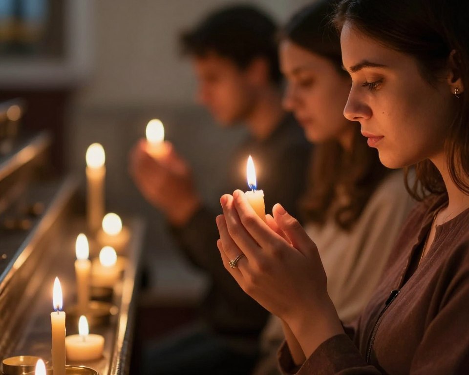 Wierni w modlitwie przed stacją drogi krzyżowej z zapalonymi świecami