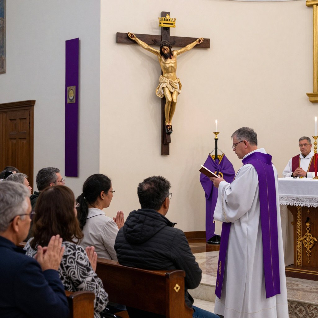 Wspólnota parafialna podczas nabożeństwa drogi krzyżowej w kościele
