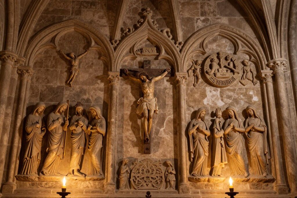 Zabytkowe przedstawienie stacji drogi krzyżowej w historycznym kościele